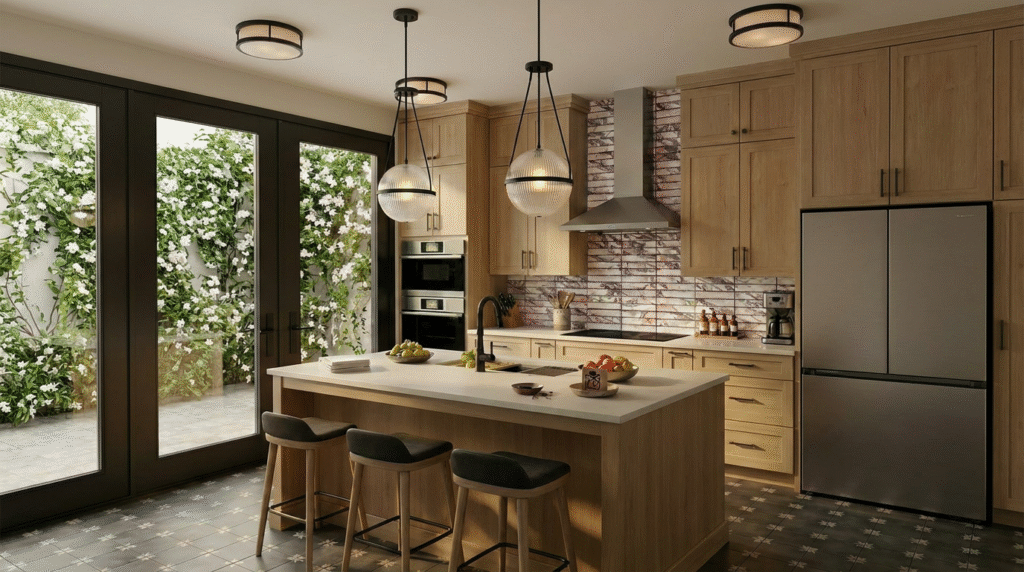 Warm modern kitchen with natural wood shaker cabinets, black pendant lighting, patterned tile floors, and white quartz countertops.