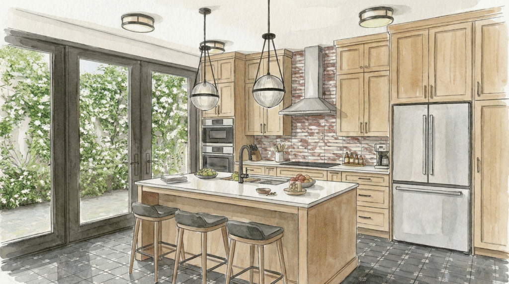 Soft watercolor rendering of the Heartline Kitchen featuring warm wood cabinetry and modern black accents.