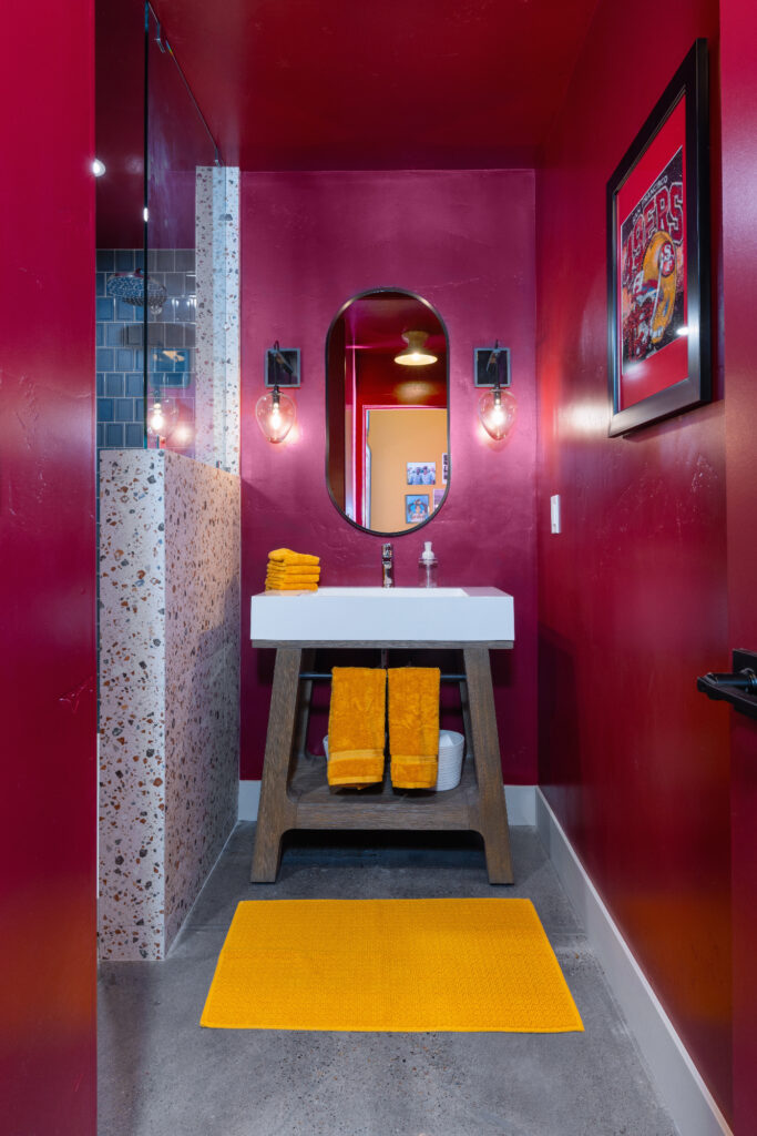Morada Ktj Design Co Gameroom Bath 49er Red Gold Freestanding Vanity Wall Sconces Polished Concrete Ho9a1464