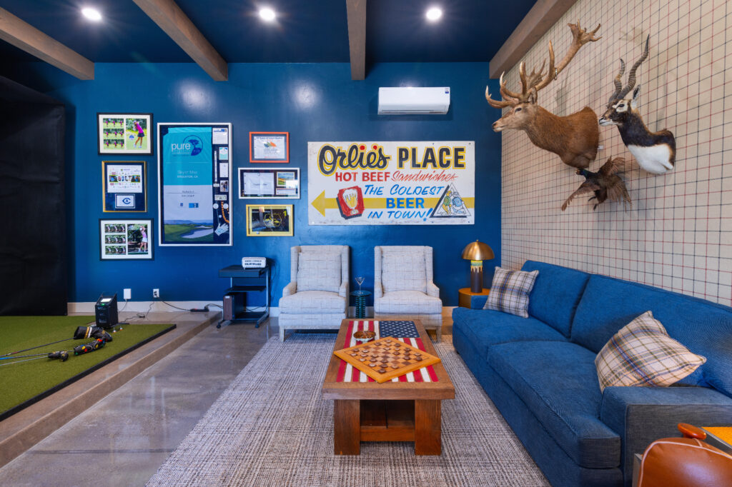 Morada Ktj Design Co Gameroom Golf Simulator Buck Head Plaid Wallpaper Navy Ceiling Wall Polished Concrete Bar warehouse-entertainment-space-design