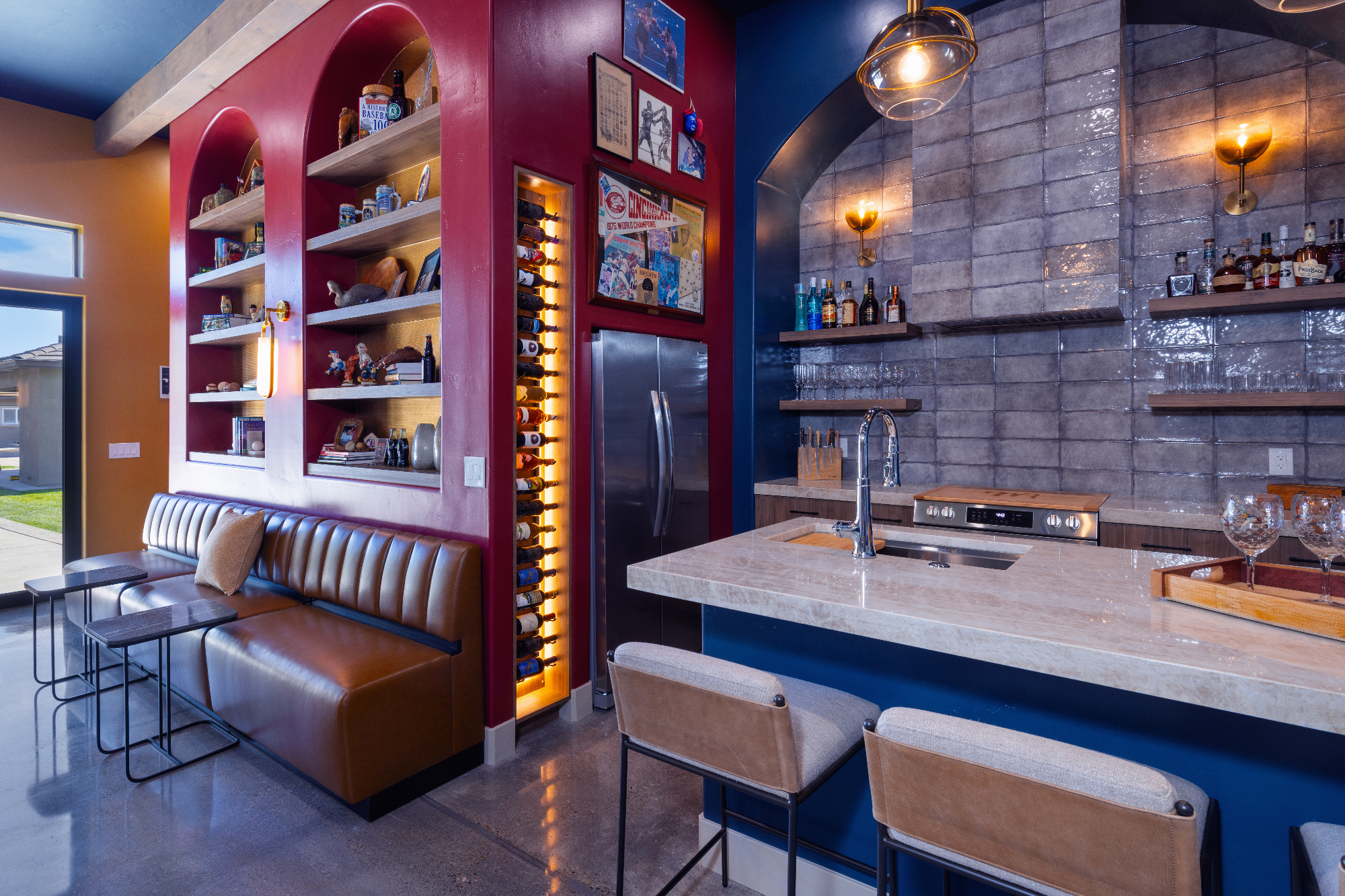 morada-ktj-design-co-gameroom-sports-bar-kitchen-wine-display-arched-bookcase-49er-red-navy-blue-ceiling-bench-seating-polished-concrete_ho9a1431