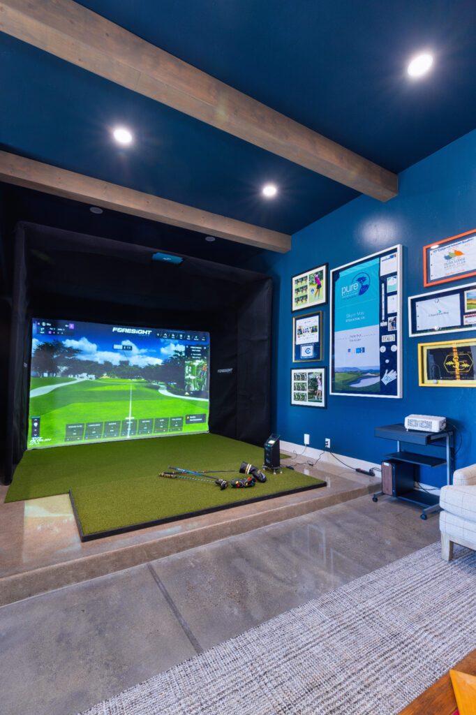 Morada Ktj Design Co Golf Simulator Gameroom Wood Beams Polished Concrete Floors Navy Ceiling Walls Ho9a1334