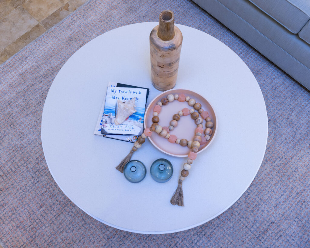 Ktj Design Co Santa Cruz Beach Condo Living Room Coffee Table Styling Wood Vase Coral Beads Low Bowl Sea Glass Vases Books Ho9a6826